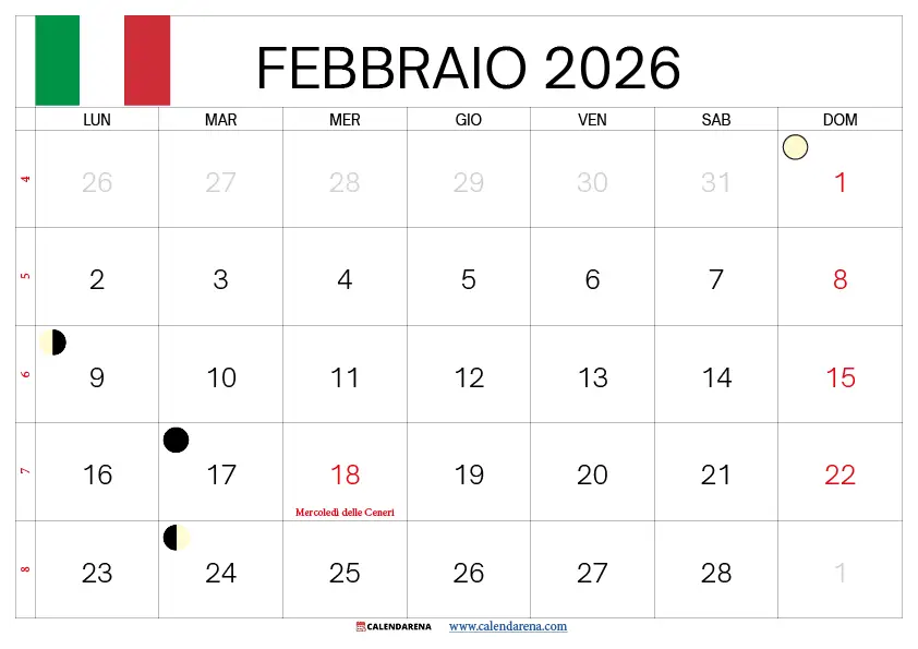 Calendario Febbraio 2026 Da Stampare