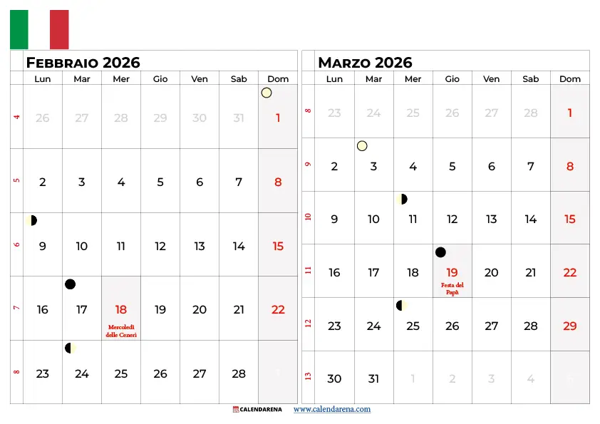 Calendario Febbraio Marzo 2026