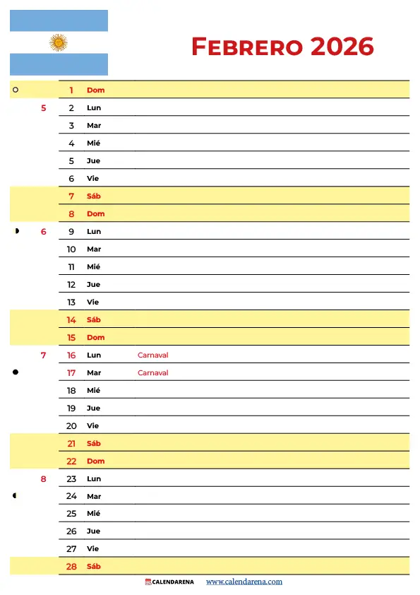 Calendario Febrero 2026 Argentina