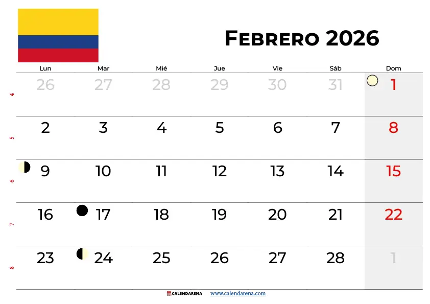 Calendario Febrero 2026 Colombia Con Festivos