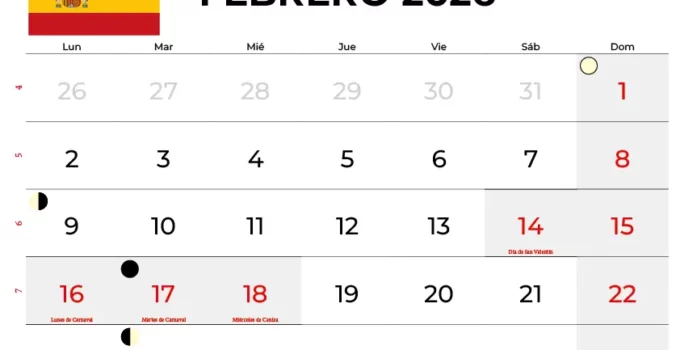 Calendario Febrero 2026 España