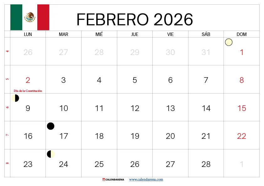 Calendario Febrero 2026 Mexico