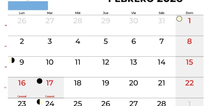 Calendario Febrero 2026 Para Imprimir Argentina