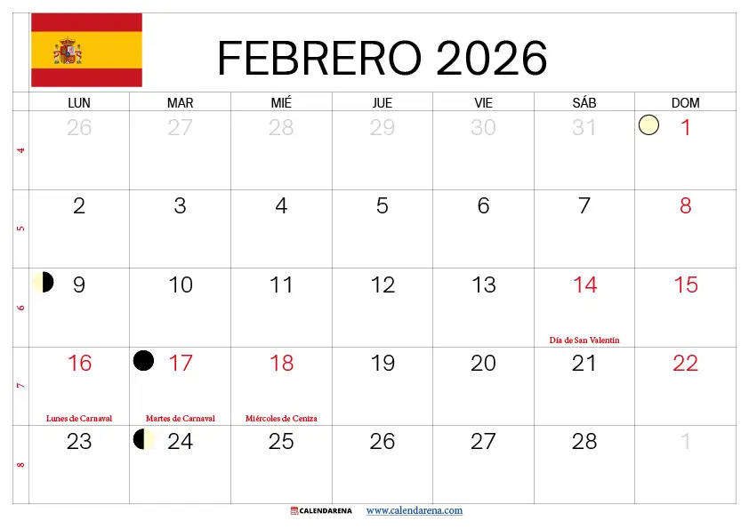 Calendario Febrero 2026 Para Imprimir España