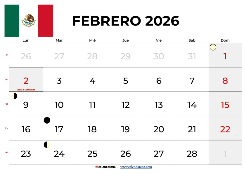 Calendario Febrero 2026 Para Imprimir Mexico