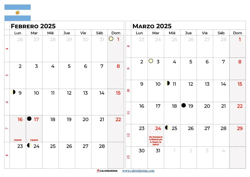 Calendario Febrero Marzo 2026 Argentina