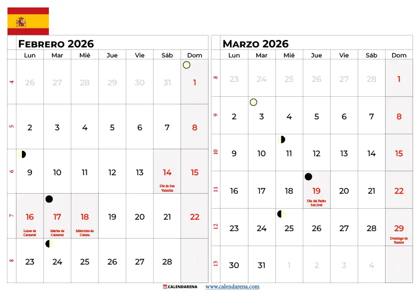 Calendario Febrero Marzo 2026 Para Imprimir España