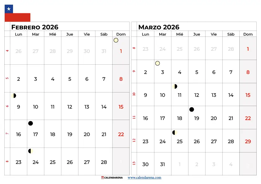 Calendario Febrero Y Marzo 2026 Chile