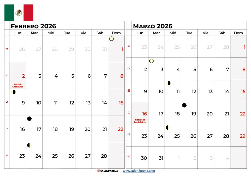 Calendario Febrero Y Marzo 2026 Mexico
