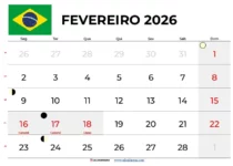 Calendario Fevereiro 2026 Imprimir Brasil