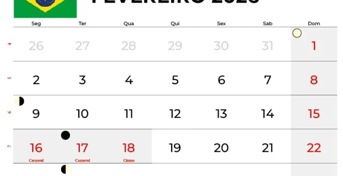 Calendario Fevereiro 2026 Imprimir Brasil