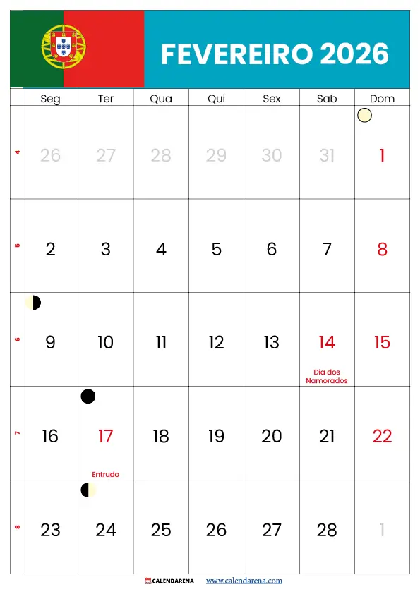 Calendario Fevereiro 2026 Imprimir Portugal