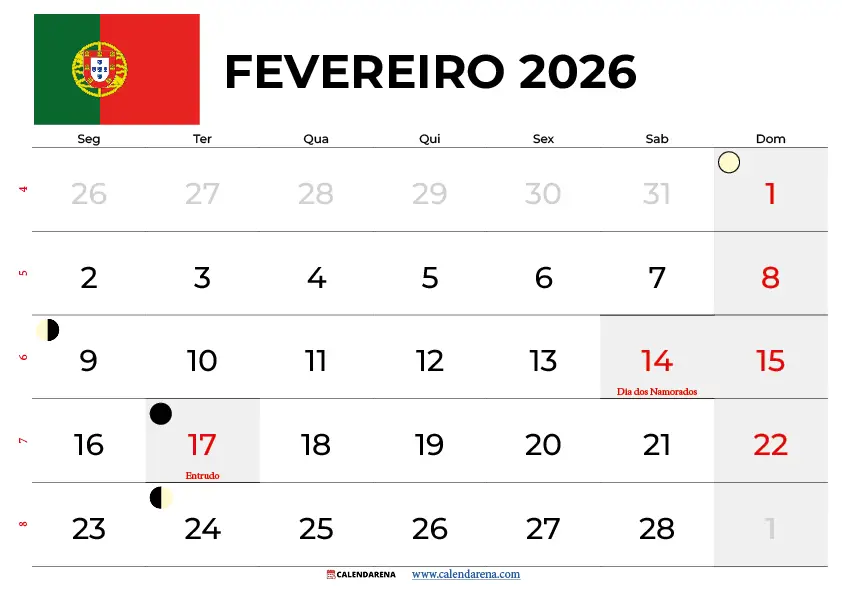 Calendário Fevereiro 2026 Para Imprimir Portugal