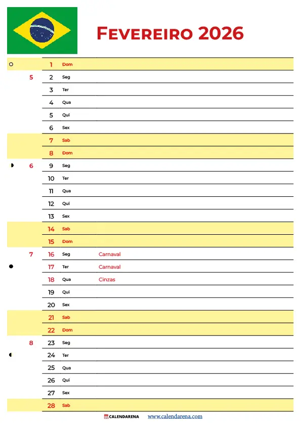 Calendário Fevereiro 2026 Pdf Brasil