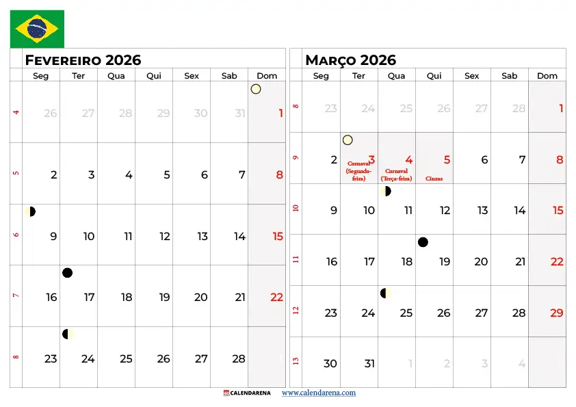 Calendário Fevereiro E Março 2026 Brasil