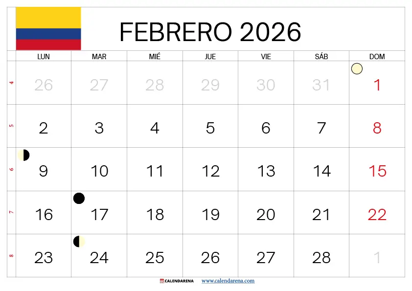 Calendario Lunar Febrero 2026 Colombia