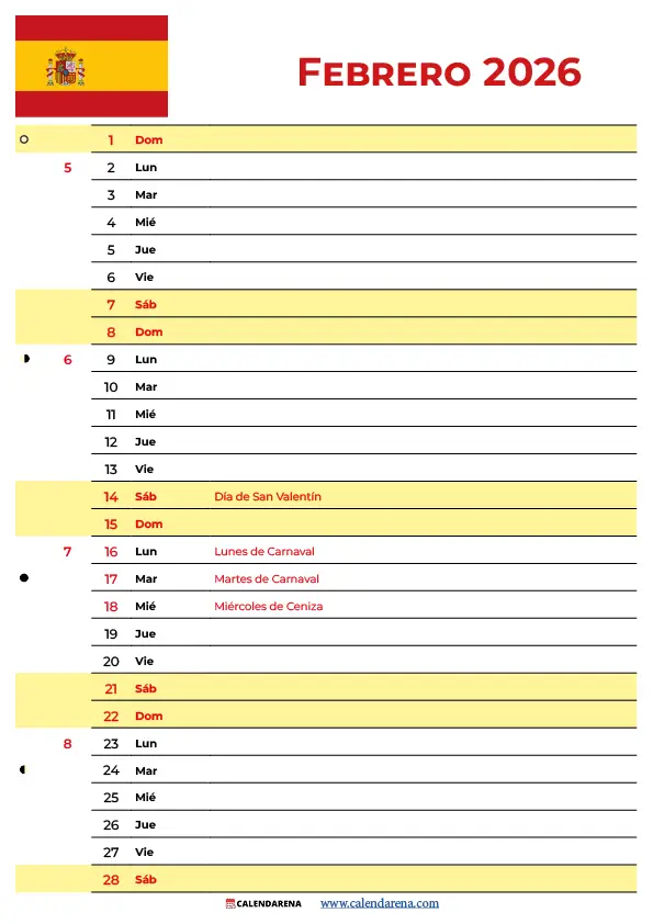 Calendario Lunar Febrero 2026 España