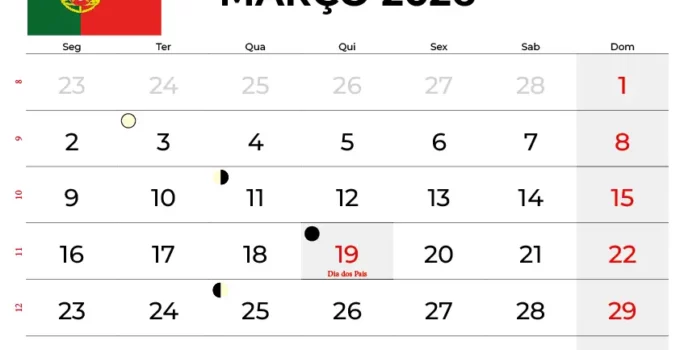 Calendario Março 2025 Imprimir Portugal