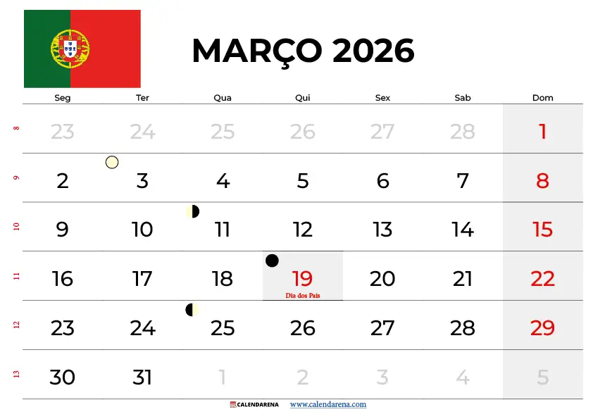 Calendario Março 2025 Imprimir Portugal