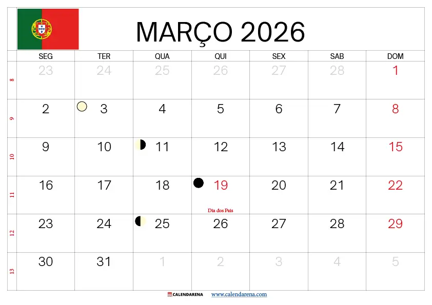 Calendário Março 2025 Portugal
