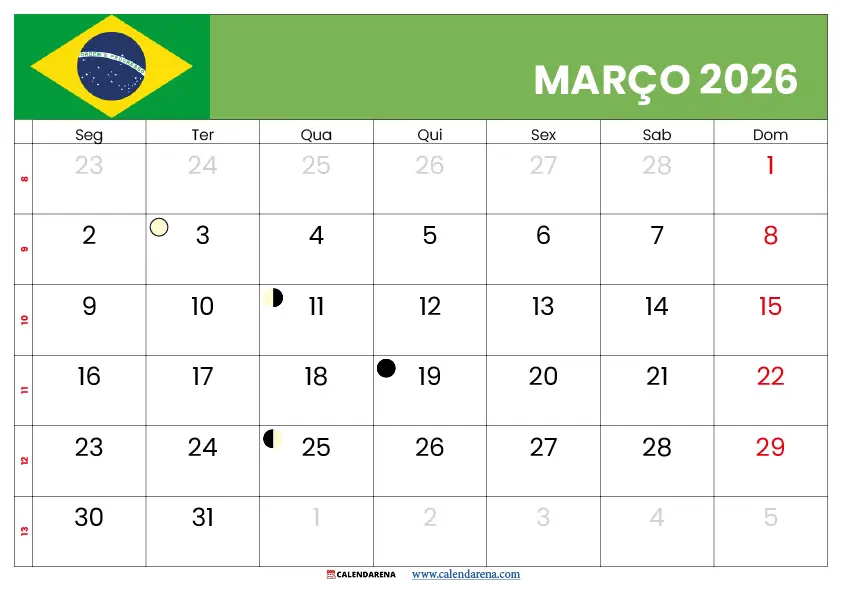 Calendário Março 2026 Com Feriados Brasil