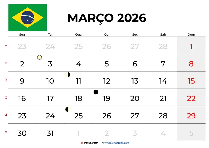 Calendario Março 2026 Imprimir Brasil