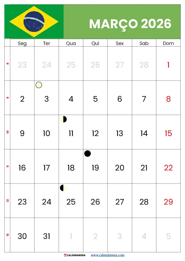 Calendário Março De 2026 Brasil