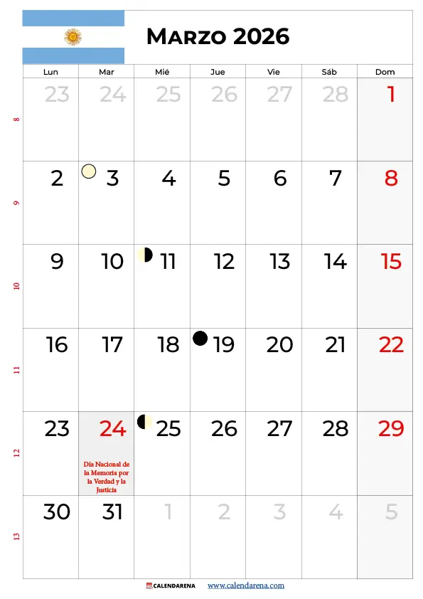 Calendario Marzo 2026 Argentina