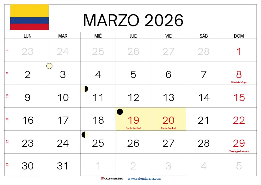 Calendario Marzo 2026 Colombia Con Festivos Para Imprimir