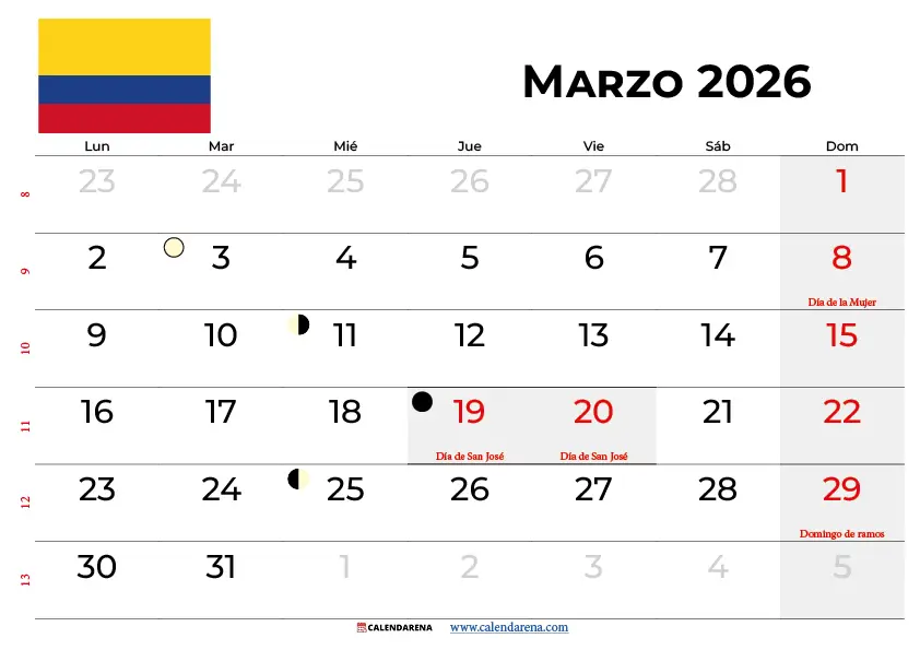 Calendario Marzo 2026 Colombia Con Festivos