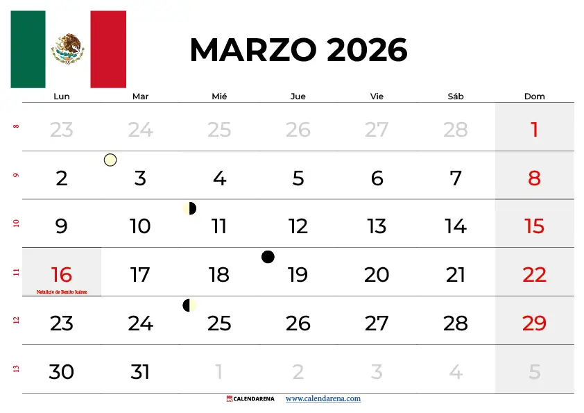 Calendario Marzo 2026 México
