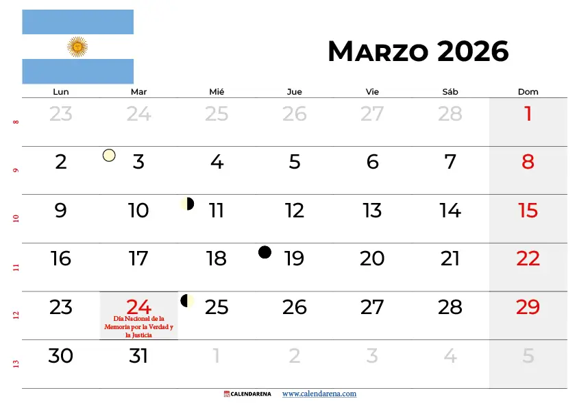 Calendario Marzo 2026 Para Imprimir Argentina
