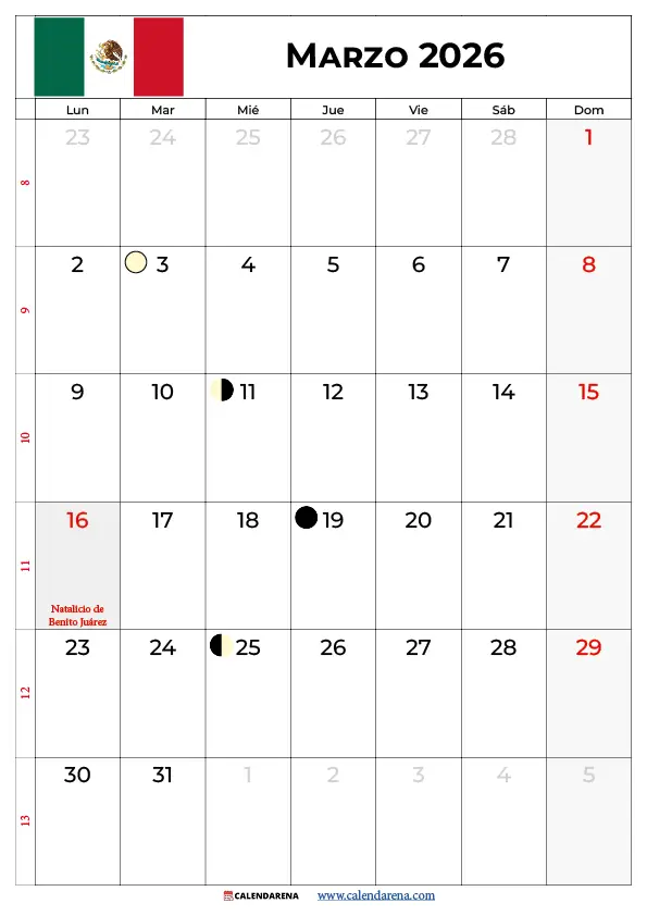 Calendario Marzo 2026 Para Imprimir México