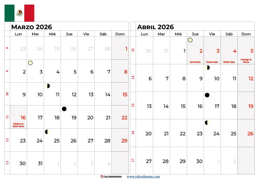 Calendario Marzo Abril 2026 México