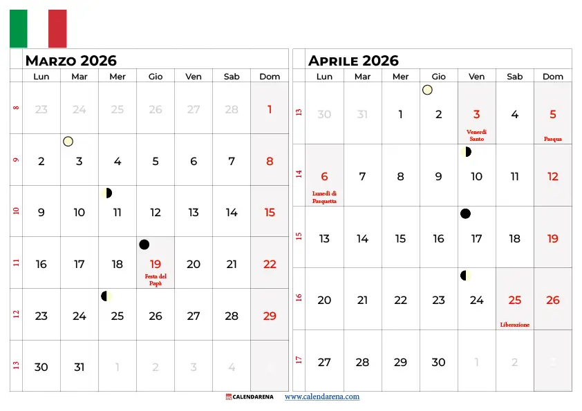 Calendario Marzo Aprile 2026
