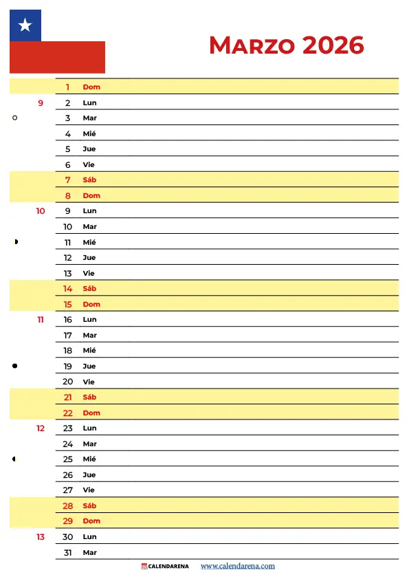Calendario Marzo Chile 2026