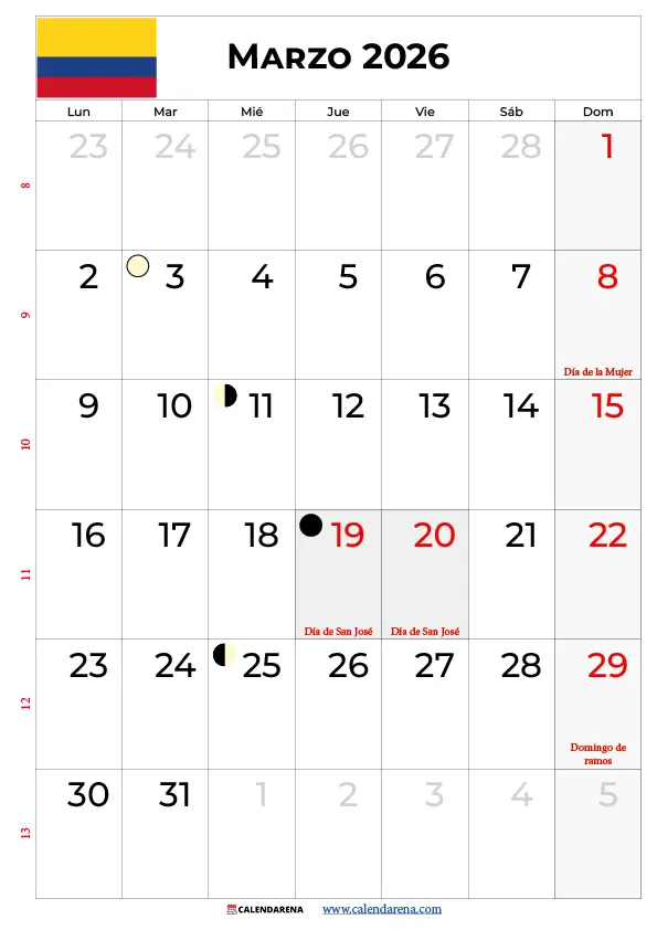 Calendario Marzo Colombia 2026