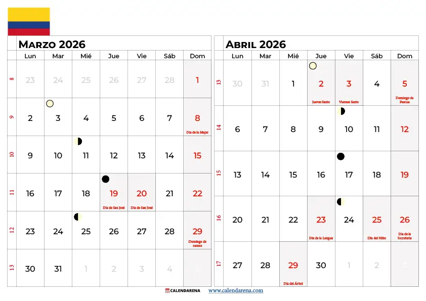 Calendario Marzo Y Abril 2026 Colombia