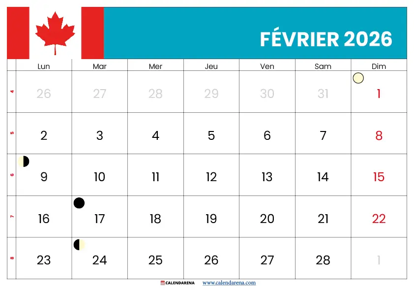 Calendrier 2025 Février Québec