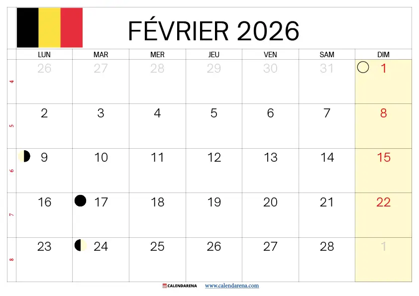 Calendrier Fevrier 2026 À Imprimer Belgique