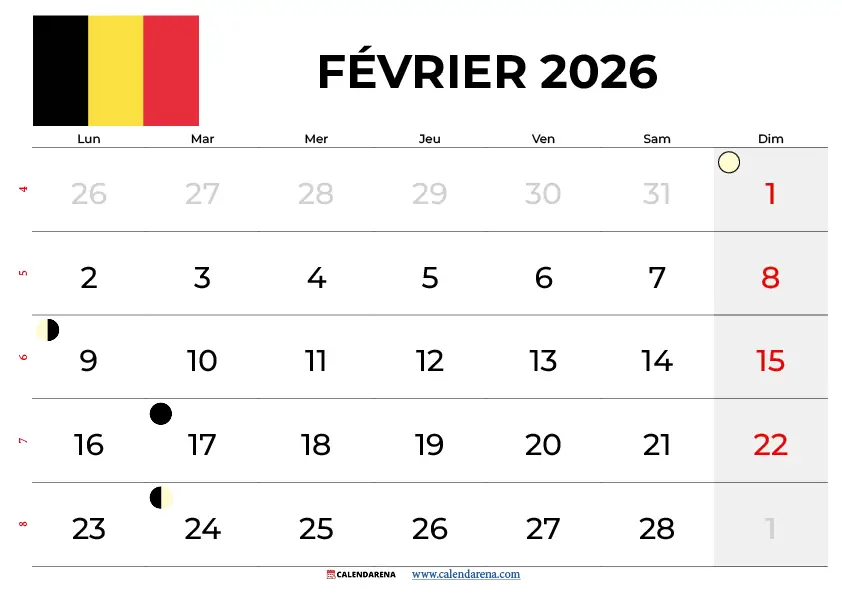 Calendrier Fevrier 2026 À Imprimer Gratuit Belgique