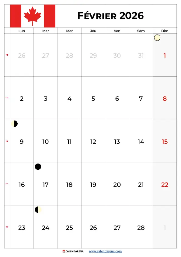 Calendrier Février 2026 À Imprimer Gratuit Québec