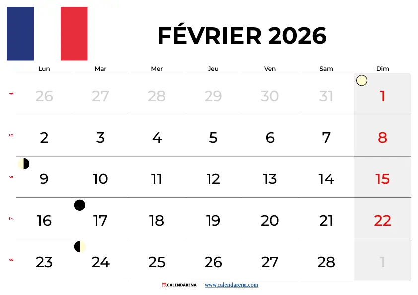 Calendrier Fevrier 2026 À Imprimer Gratuit