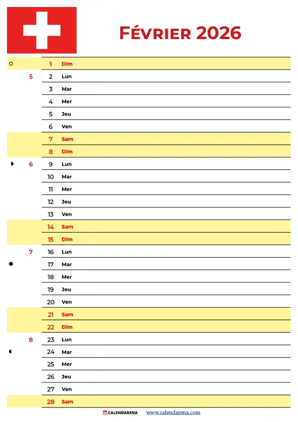 Calendrier Février 2026 À Imprimer Suisse