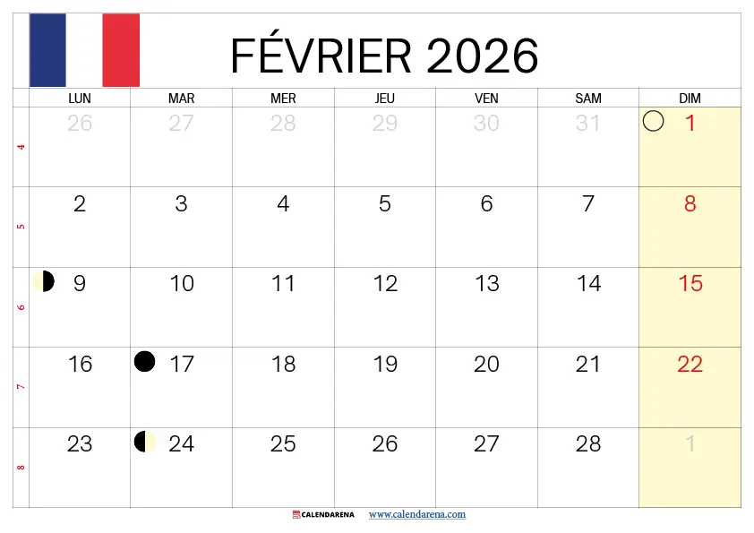 Calendrier Fevrier 2026 À Imprimer