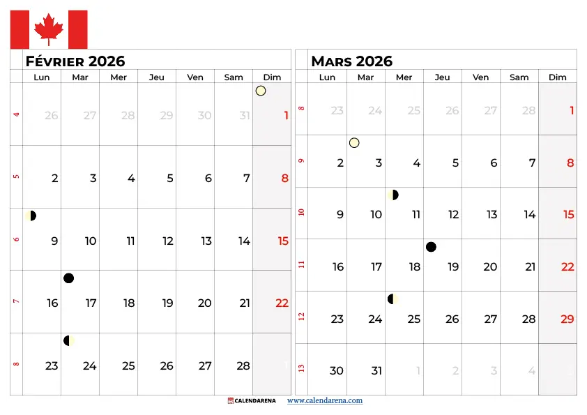 Calendrier Février Mars 2025 Québec