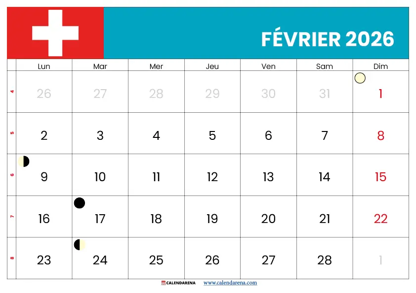 Calendrier Lune Février 2026 Suisse