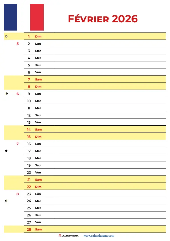 Calendrier Mois De Fevrier 2026 À Imprimer