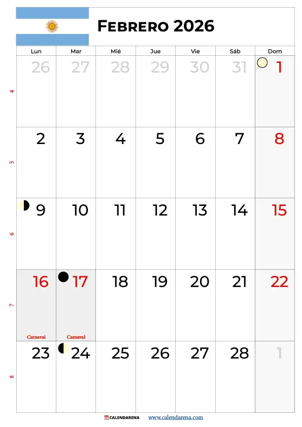 Febrero 2026 Calendario Argentina