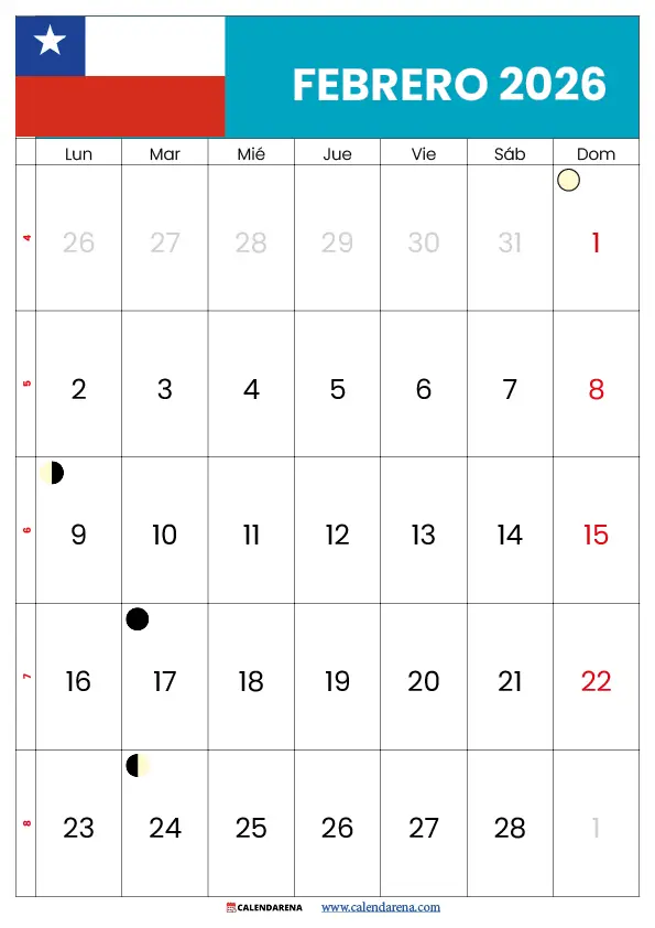 Febrero 2026 Calendario Chile